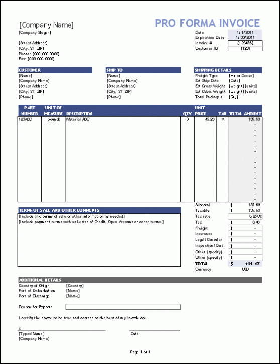 Free Proforma Invoice Template For Excel with Free Proforma Invoice Template Word