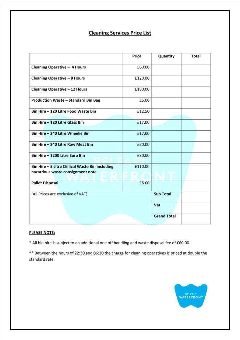 11+ Cleaning Price List Templates - Free Word, PDF, Excel Format  Regarding Cleaning Business Budget Template Throughout Cleaning Business Budget Template