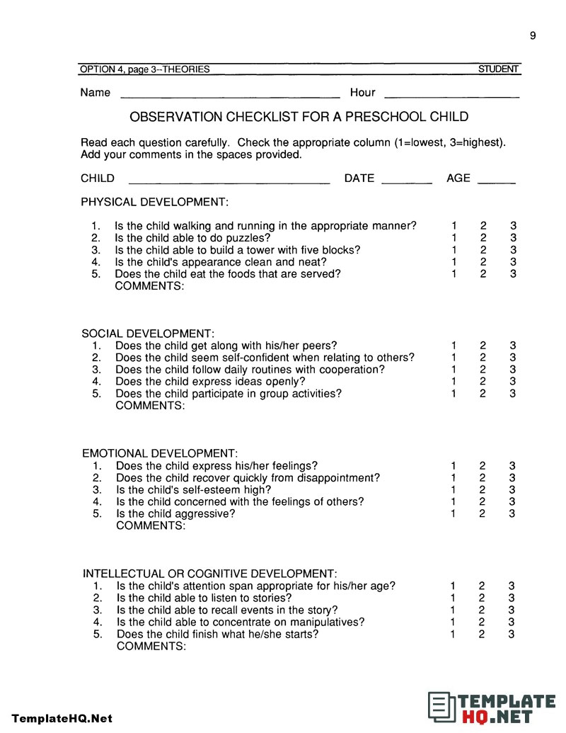 11 Free Preschool Observation Form - Template Hq With Regard To Observation Checklist Template Intended For Observation Checklist Template