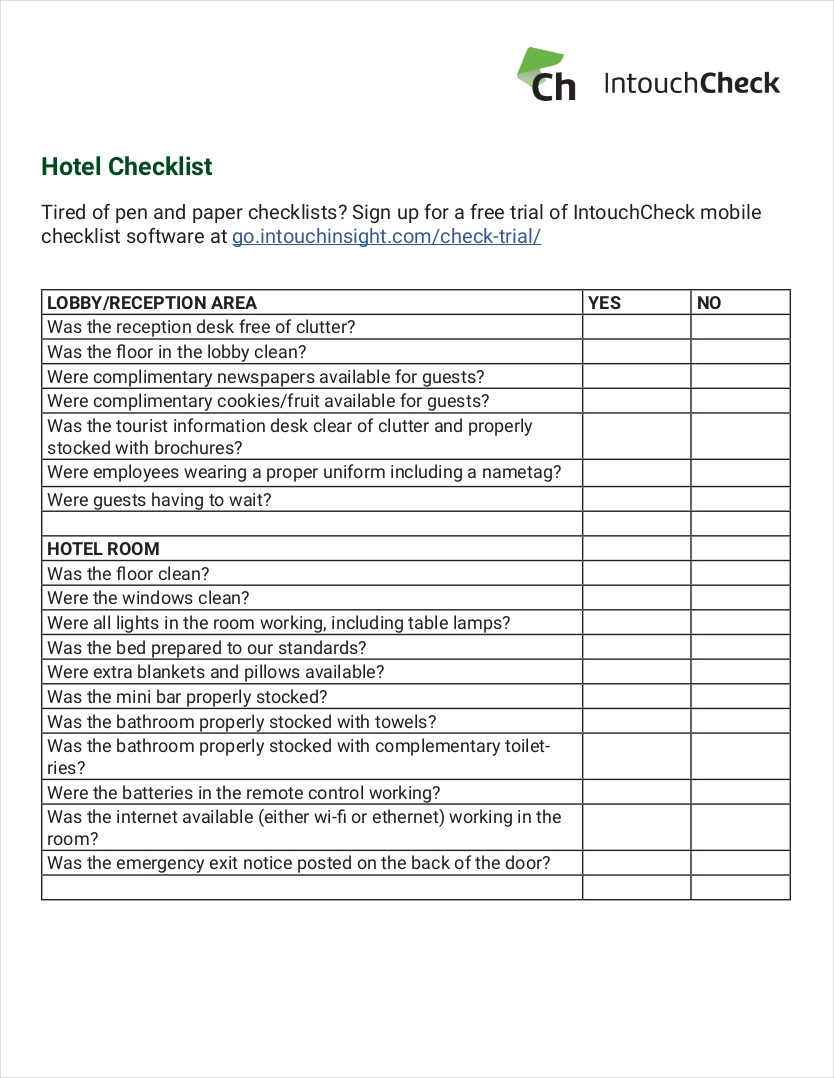 11+ Hotel Checklist Examples - PDF, Word  Examples With Regard To Front Desk Checklist Template Pertaining To Front Desk Checklist Template