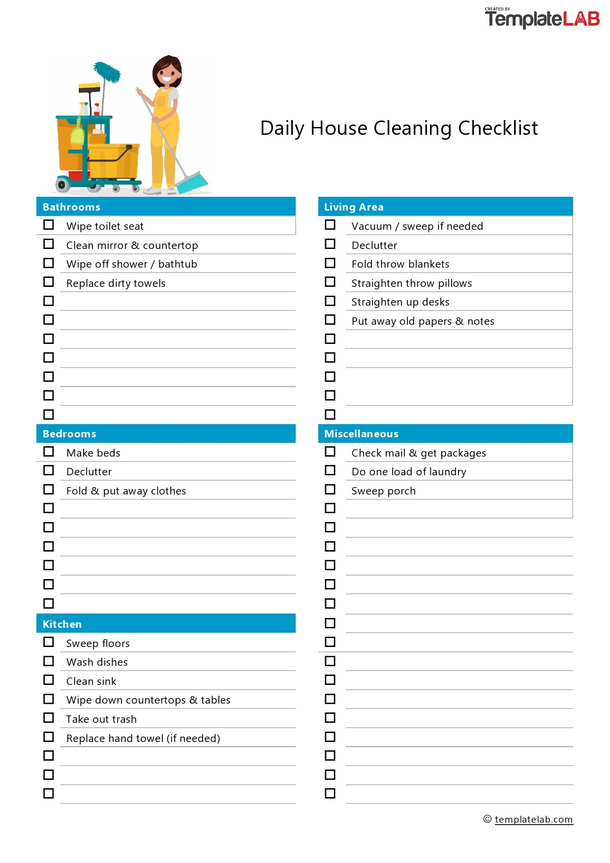 11 Printable House Cleaning Checklist Templates ᐅ TemplateLab With Housekeeper Checklist Template Regarding Housekeeper Checklist Template