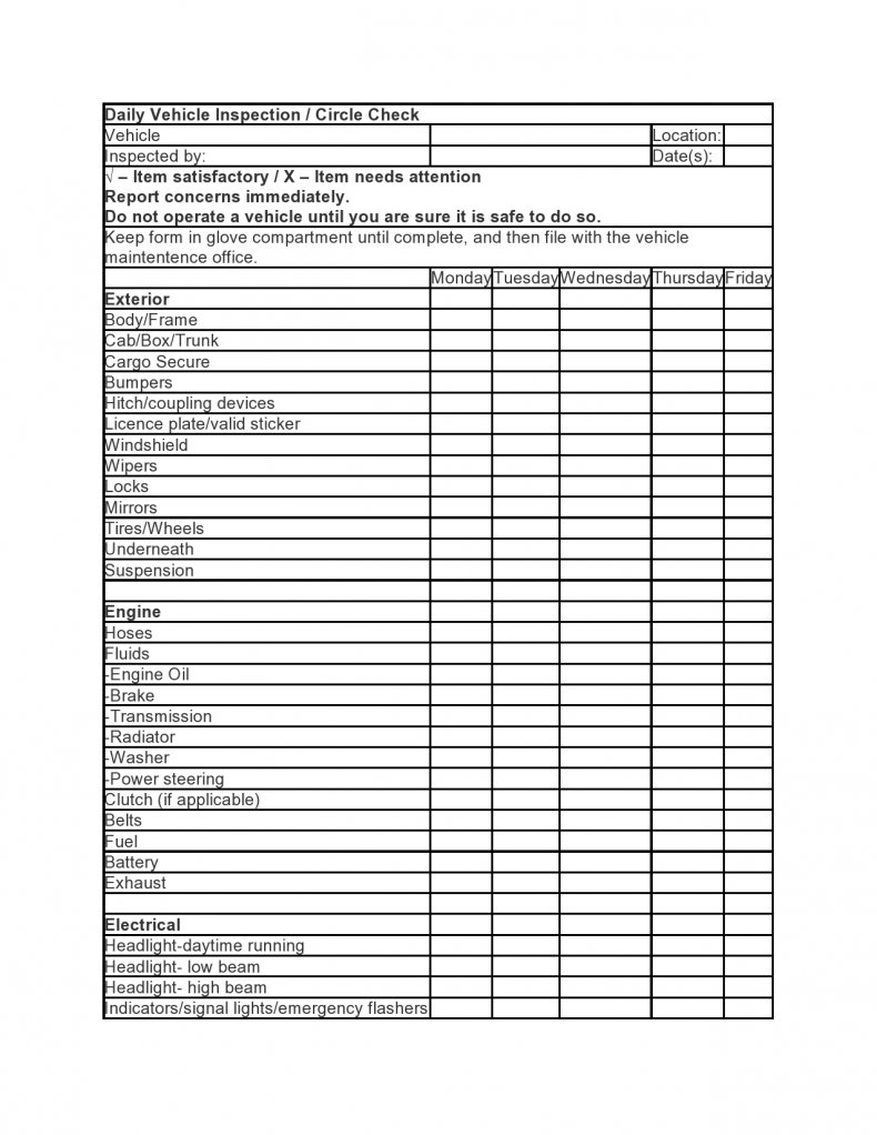 11+ Vehicle Checklist Templates in PDF  MS Word  Excel Inside Daily Vehicle Inspection Checklist Template With Daily Vehicle Inspection Checklist Template