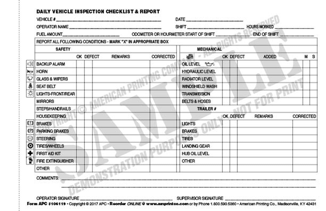 APC 11: Daily Vehicle Inspection Checklist & Report Intended For Daily Vehicle Inspection Checklist Template Within Daily Vehicle Inspection Checklist Template