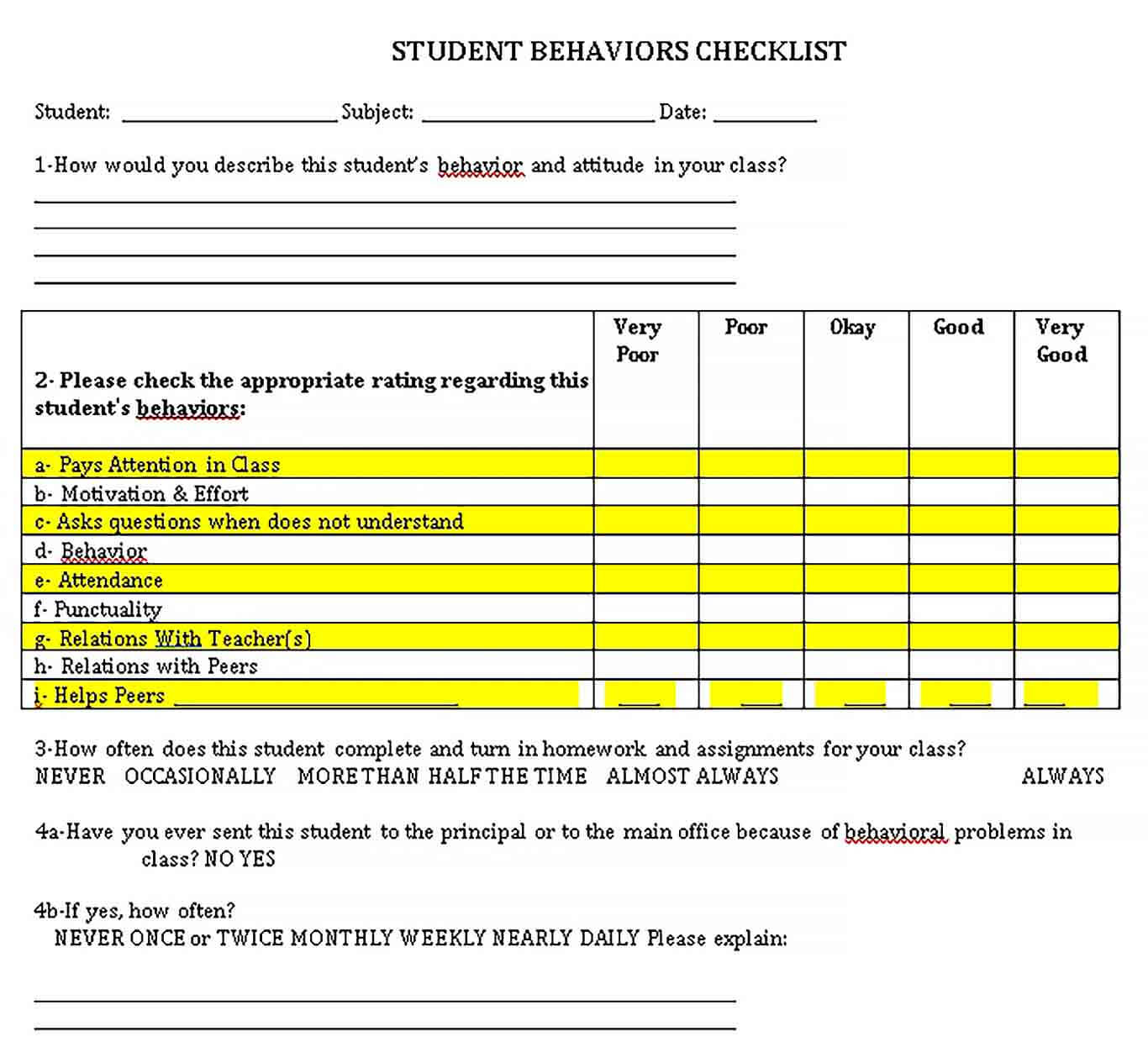 Behavior Checklist Template  In Student Behavior Checklist Template Regarding Student Behavior Checklist Template
