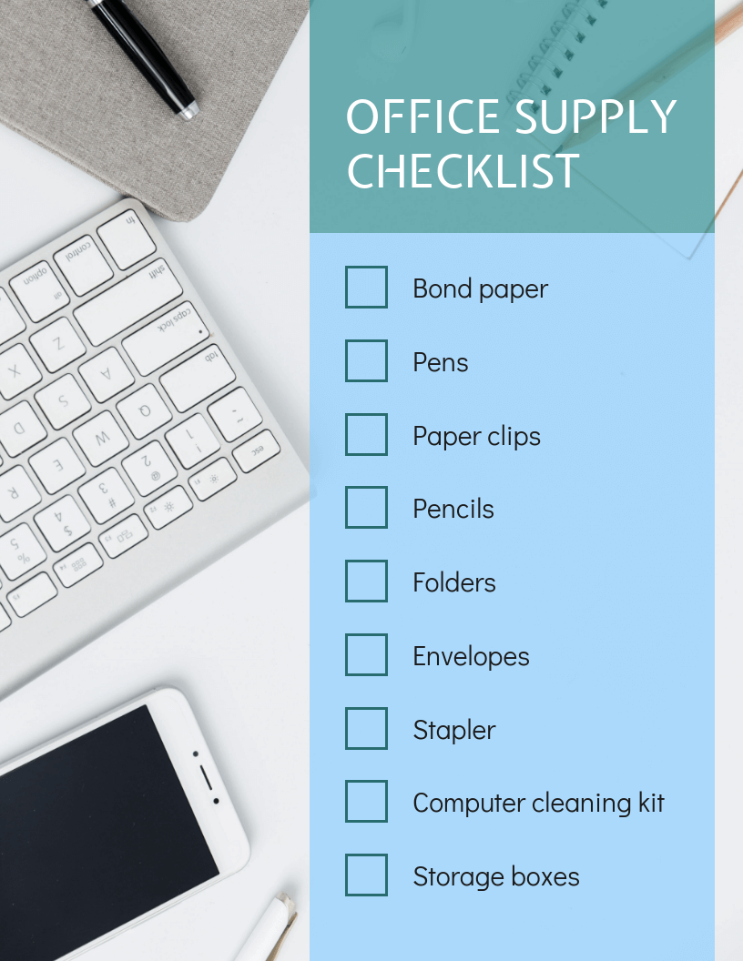 Blue Office Supplies Shopping Checklist Template In Office Supply Checklist Template With Office Supply Checklist Template