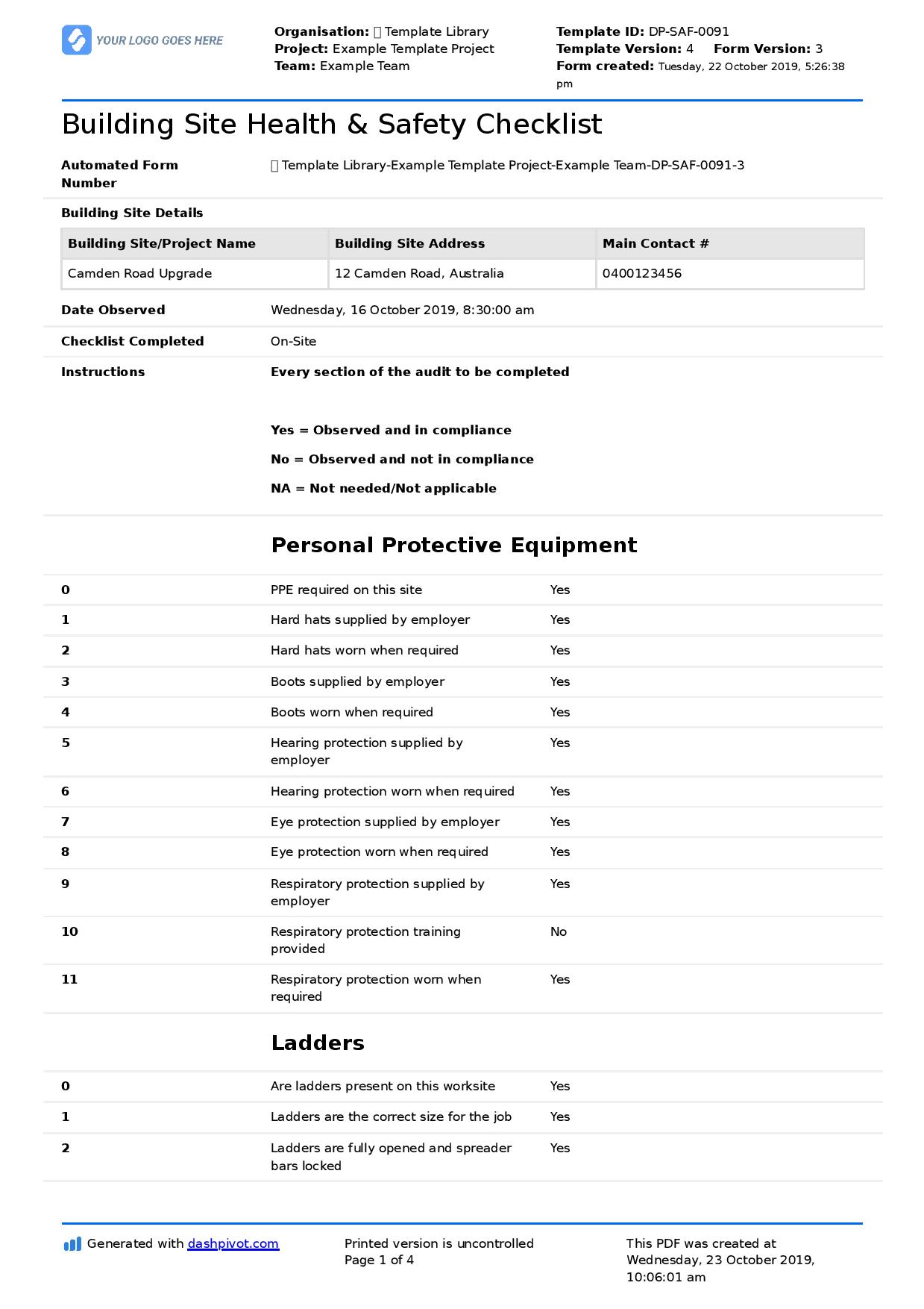Building Site Health and Safety Checklist (Free template) Within Site Safety Checklist Template Throughout Site Safety Checklist Template