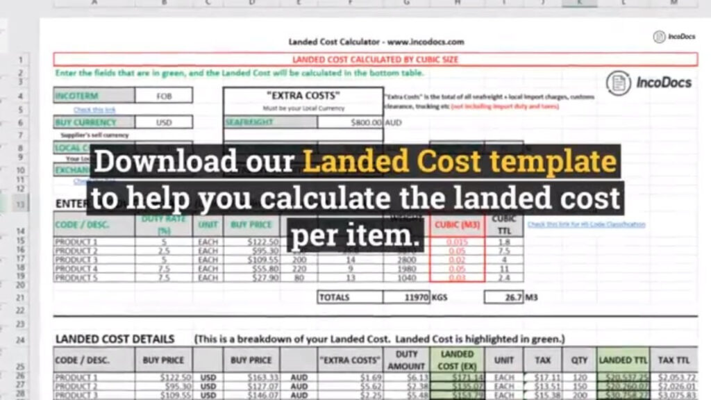 Calculate Landed Cost Excel Template for Import Export, inc. freight,  customs, duty and taxes. For Shipping Cost Analysis Template