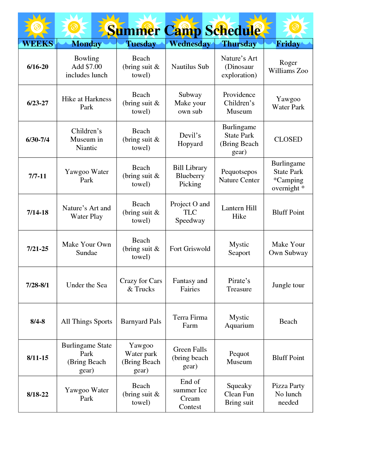 Camp Schedule Template  Calendar for Planning With Youth Camp Budget Template Throughout Youth Camp Budget Template