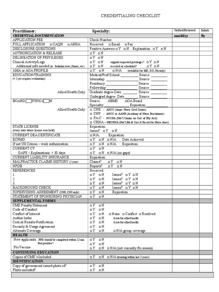 Checklist - Credentialing Initial DRAFT  Residency (Medicine  Intended For Credentialing Checklist Template In Credentialing Checklist Template