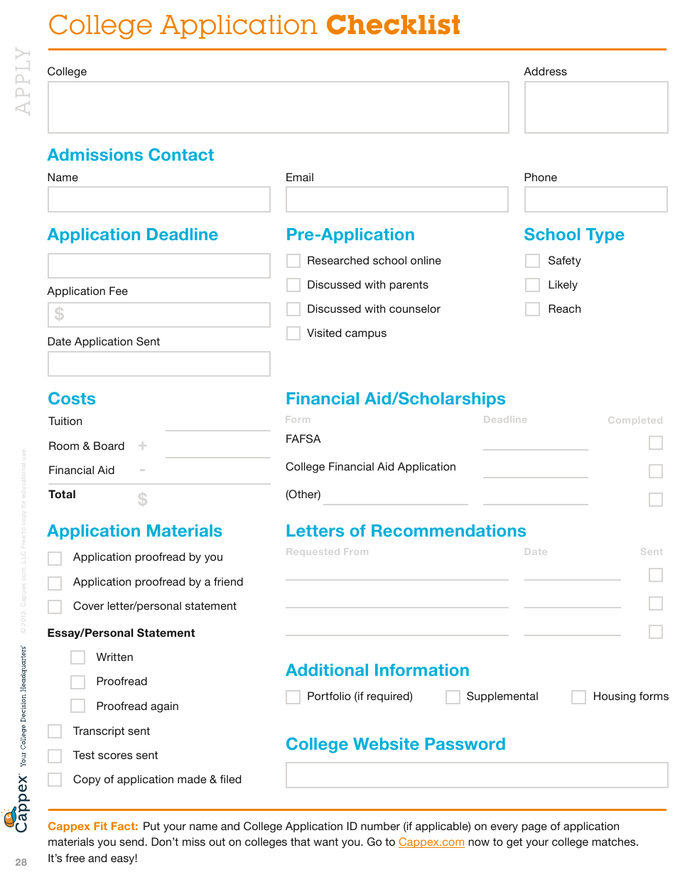 College Application Checklist Template - Cappex Download Printable  Pertaining To College Application Checklist Template With College Application Checklist Template