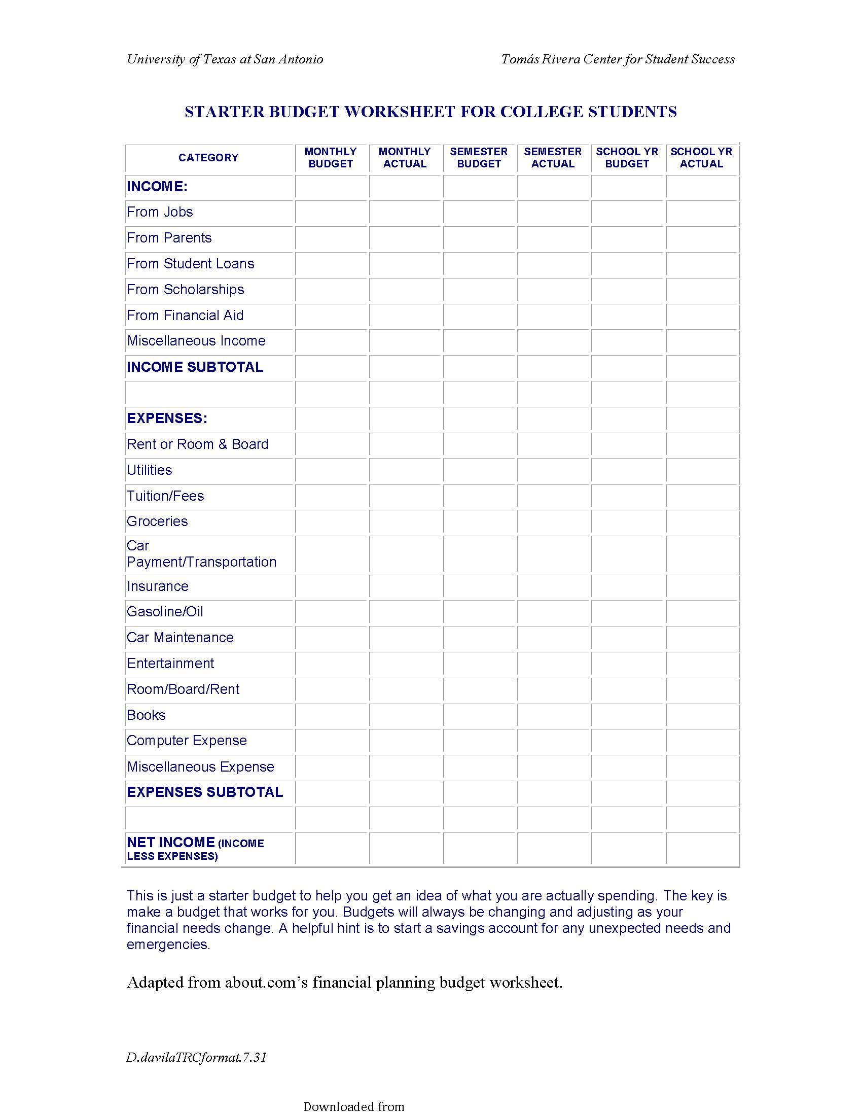 College Student Budget Template - PDF Format  e-database Inside Budget For College Students Template
