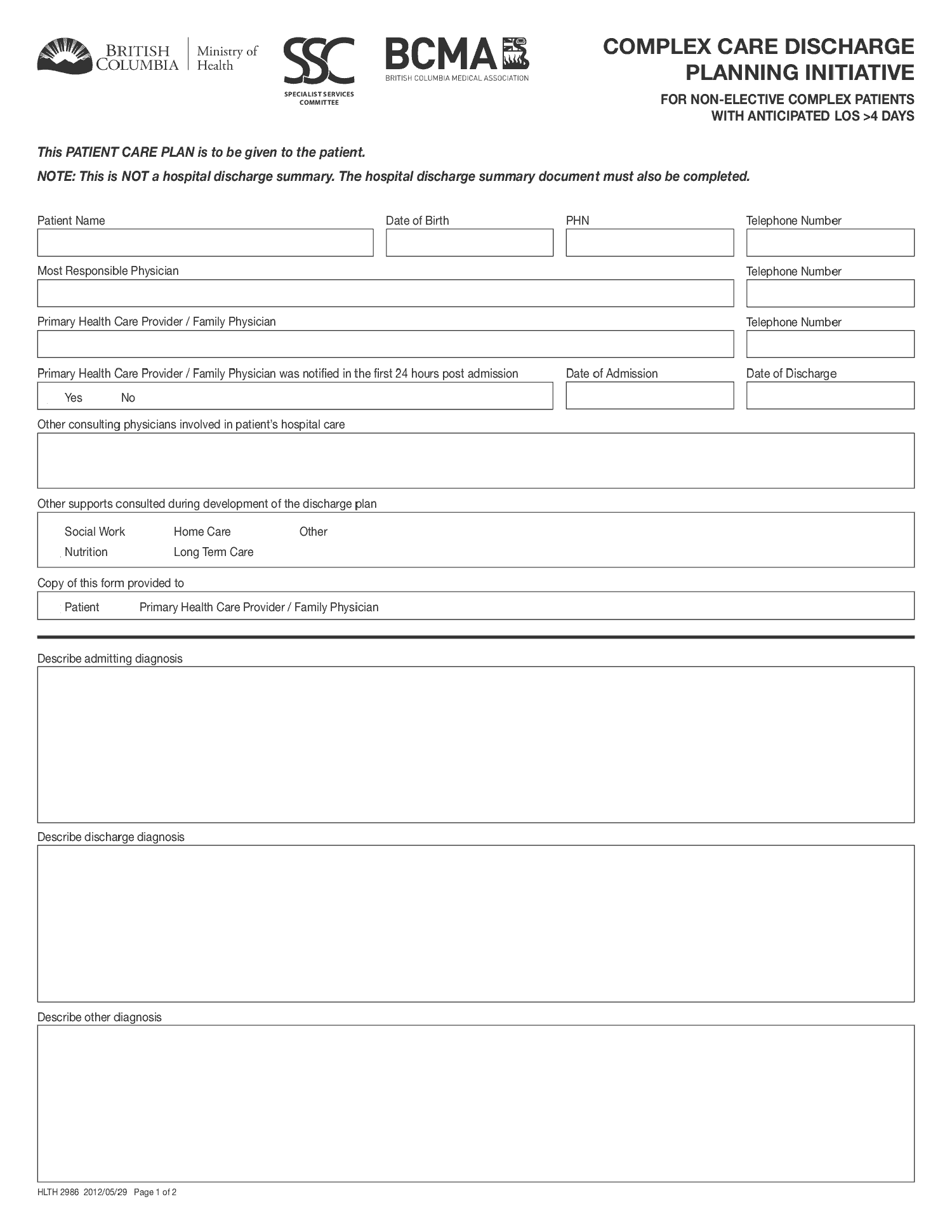 Complex Care Discharge Planning Form PNG11 — OSCAR Canada Users Society With Discharge Planning Checklist Template With Discharge Planning Checklist Template
