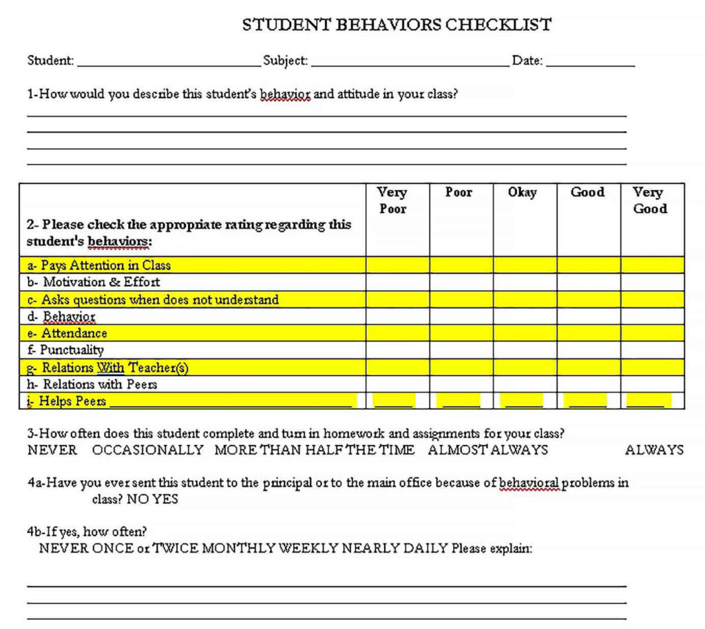 Daily Checklist Template  With Student Behavior Checklist Template
