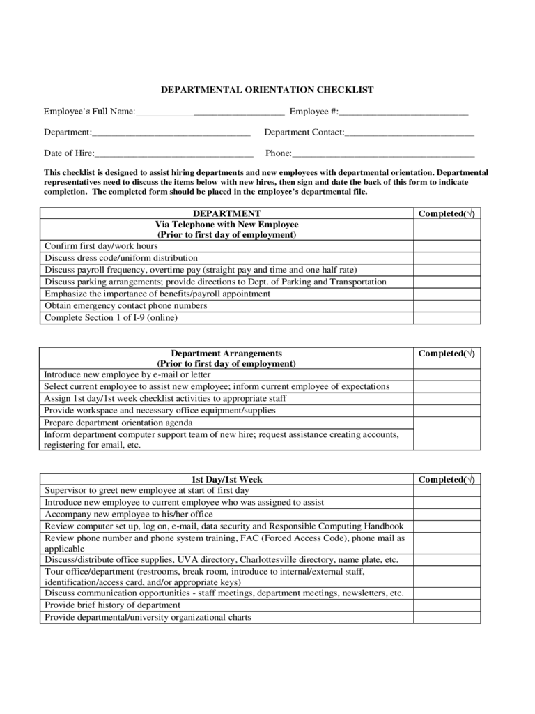 Departmental Orientation Checklist - Virginia Free Download In Uniform Checklist Template For Uniform Checklist Template