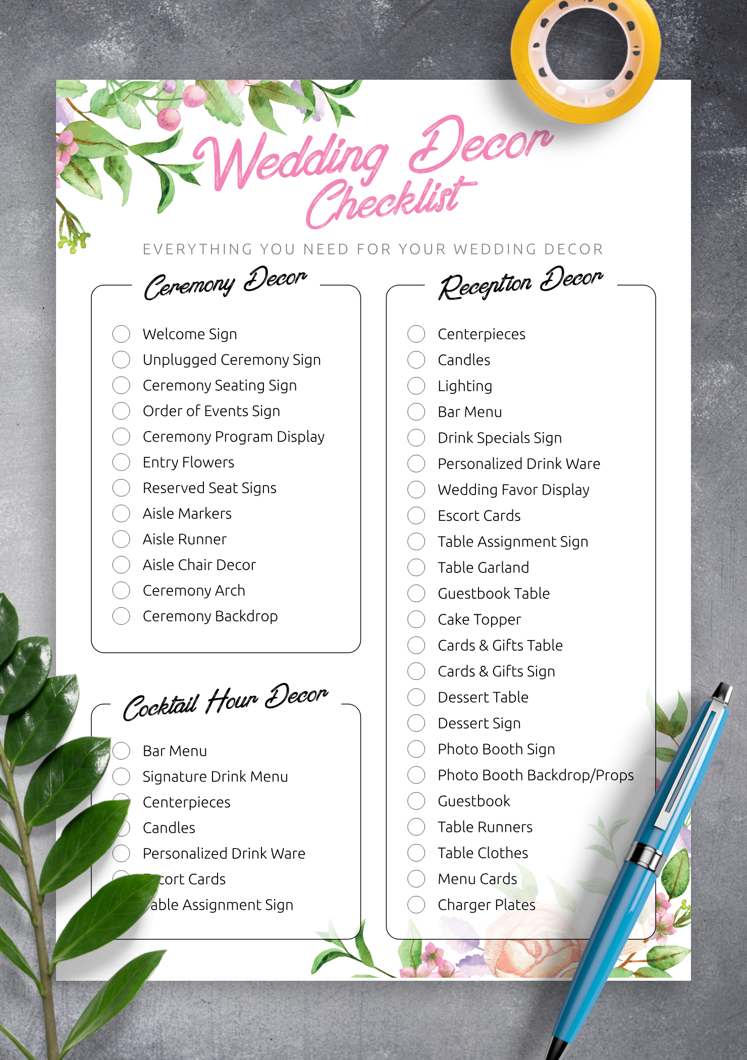 Download Printable Wedding Decor Checklist PDF With Regard To Wedding Photo Checklist Template Intended For Wedding Photo Checklist Template