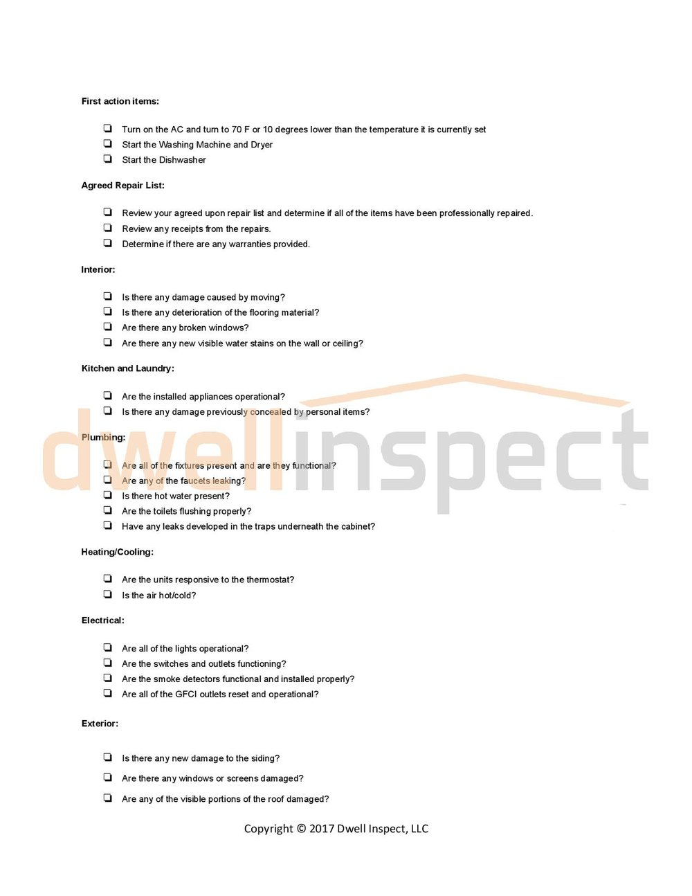 Dwell Inspect Arizona - Final Walkthrough Checklist Intended For Final Walk Through Checklist Template With Regard To Final Walk Through Checklist Template