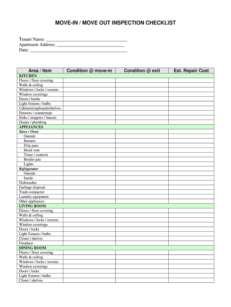 Editable Move In Checklist - Fill Online, Printable, Fillable, Blank   pdfFiller Intended For Rental Walk Through Checklist Template With Regard To Rental Walk Through Checklist Template