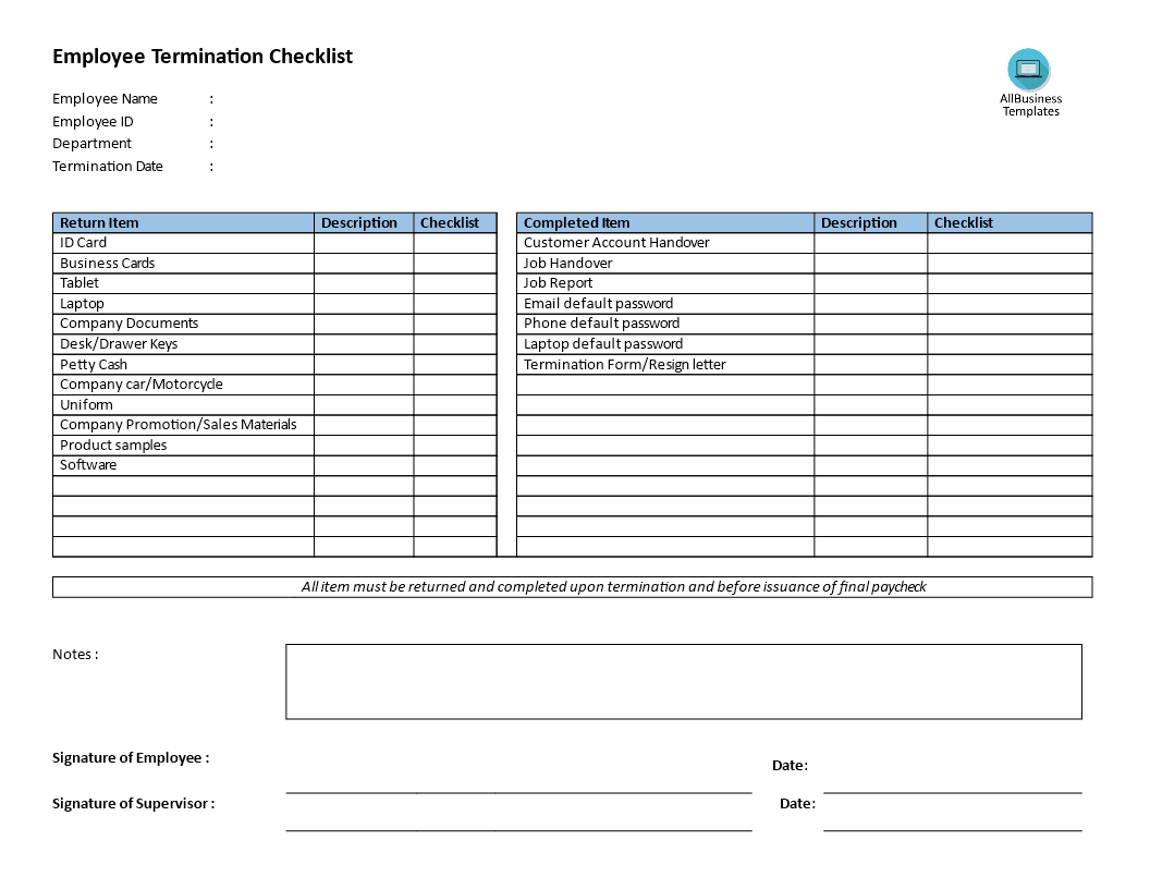 Employee Termination Checklist  Templates at  For Uniform Checklist Template Inside Uniform Checklist Template