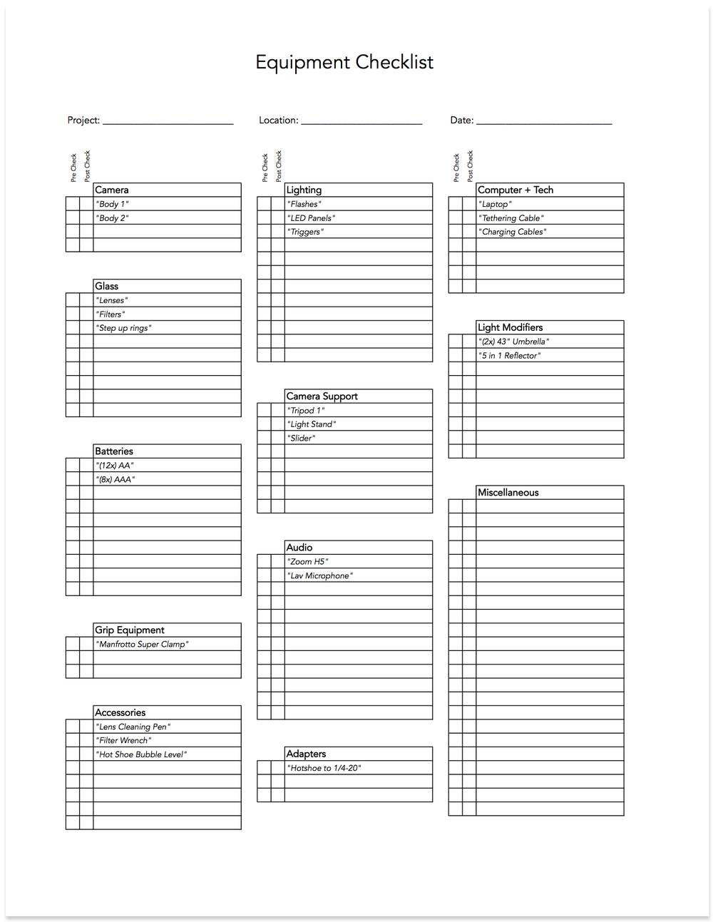 Equipment Checklist - Never Forget Important Equipment — Drew Gray  Pertaining To Technical Checklist Template Regarding Technical Checklist Template