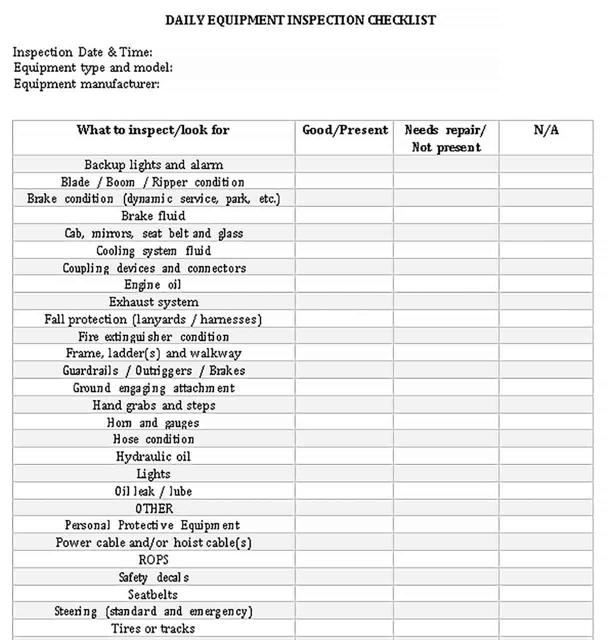 Equipment Checklist Template  In Daily Equipment Checklist Template With Daily Equipment Checklist Template