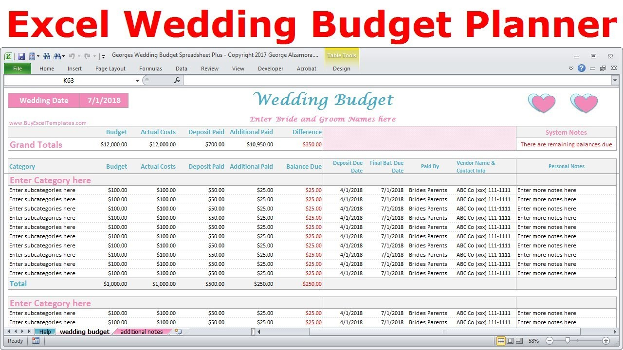 Excel Wedding Budget Spreadsheet  Expenses Tracker  Cost Calculator   Plan Wedding Day Finances For Marriage Budget Template Pertaining To Marriage Budget Template