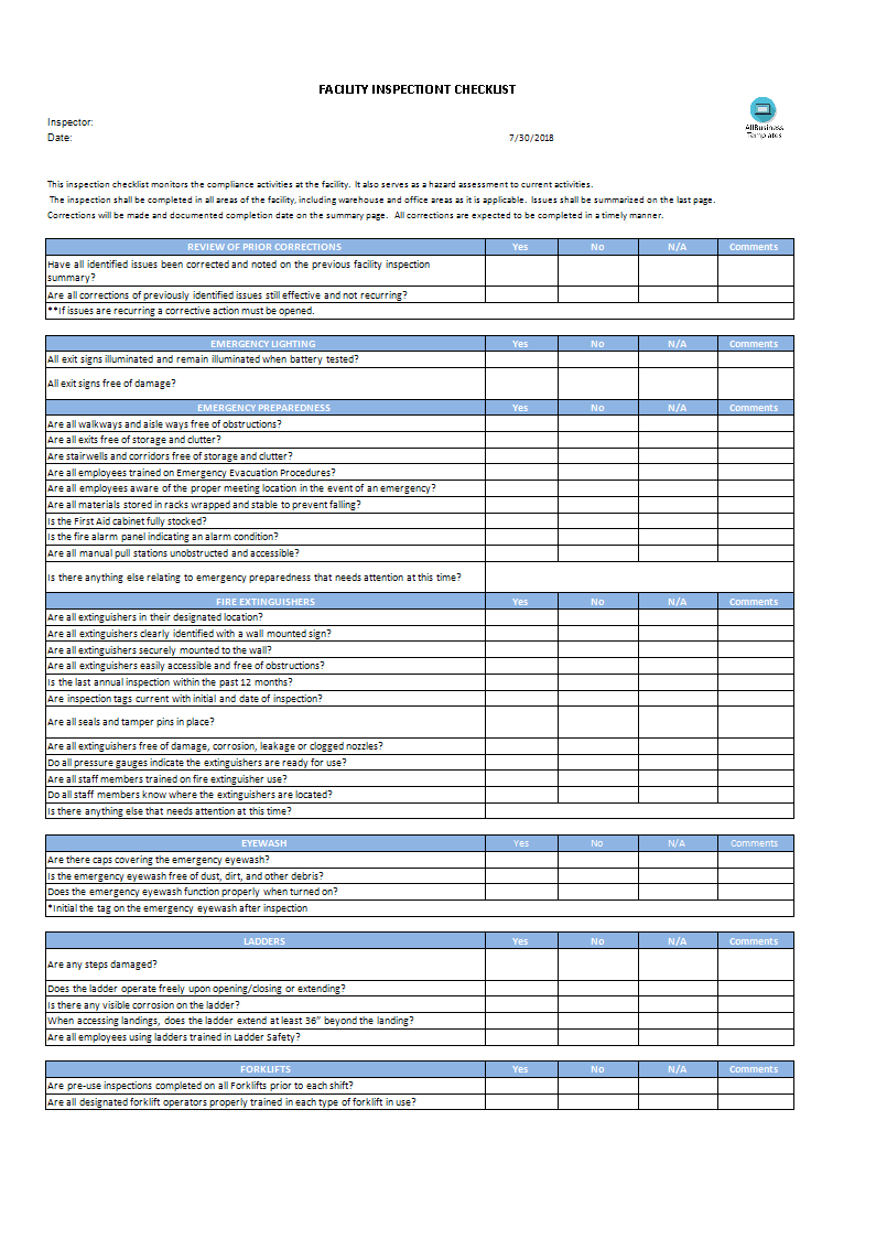 Facility Inspection Checklist - Premium Schablone Intended For Warehouse Safety Inspection Checklist Template Inside Warehouse Safety Inspection Checklist Template