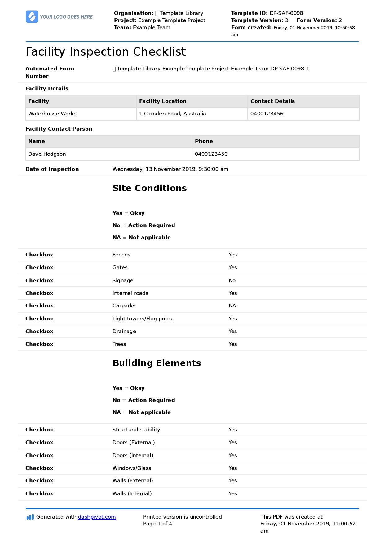 Facility Inspection Checklist template (Better than excel, PDF forms) For Facility Maintenance Checklist Template Regarding Facility Maintenance Checklist Template