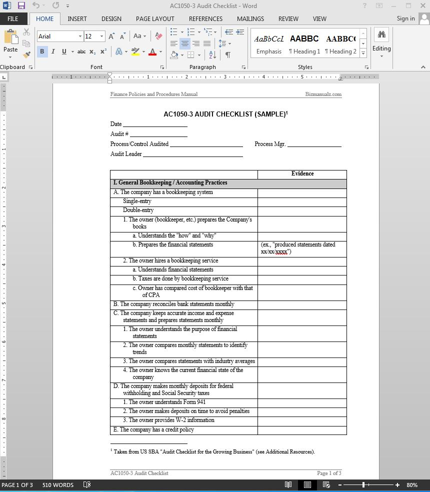 Financial Audit Checklist Template  AC11-11 With Internal Control Checklist Template Intended For Internal Control Checklist Template