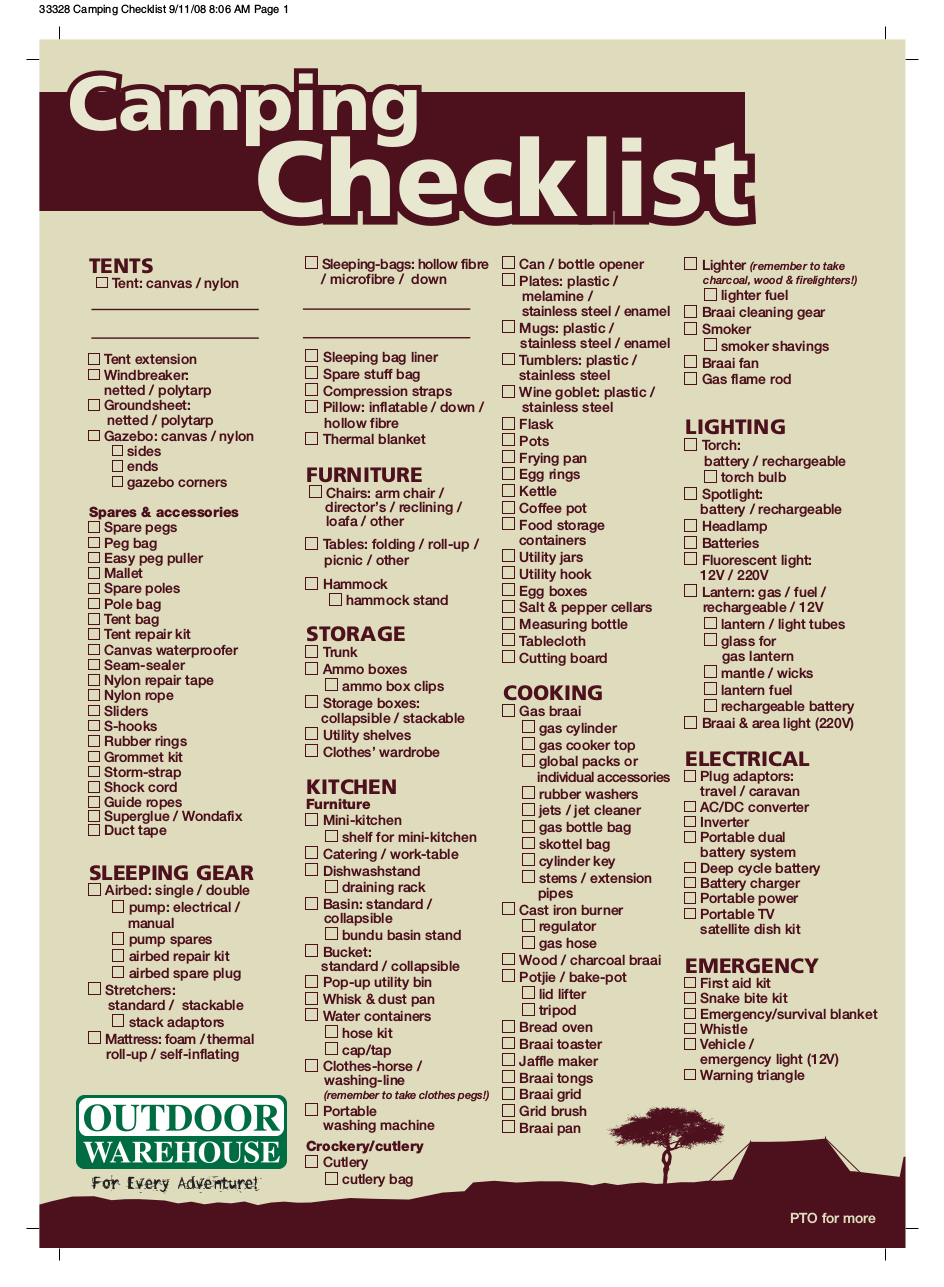 FREE 11+ Camping Checklist Examples & Templates in PDF  Google  Intended For Camping Checklist Template Within Camping Checklist Template
