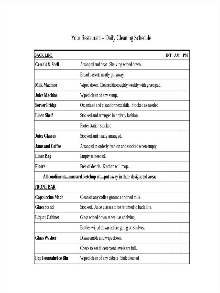 FREE 11+ Restaurant Schedule Examples & Samples in Google Docs  With Restaurant Cleaning Checklist Template Within Restaurant Cleaning Checklist Template