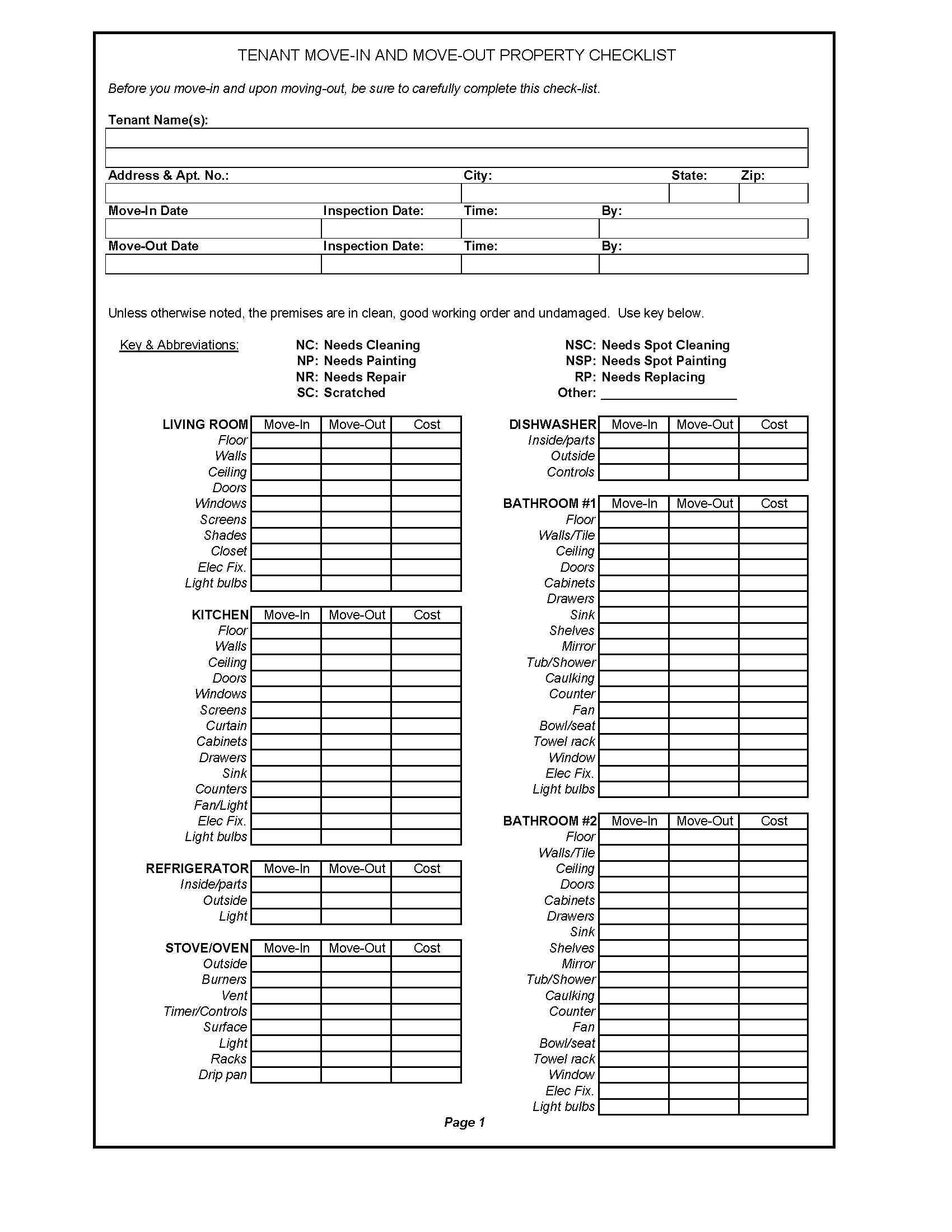 Free Arizona Move in/Move out Checklist  PDF With Move In Checklist Template With Regard To Move In Checklist Template