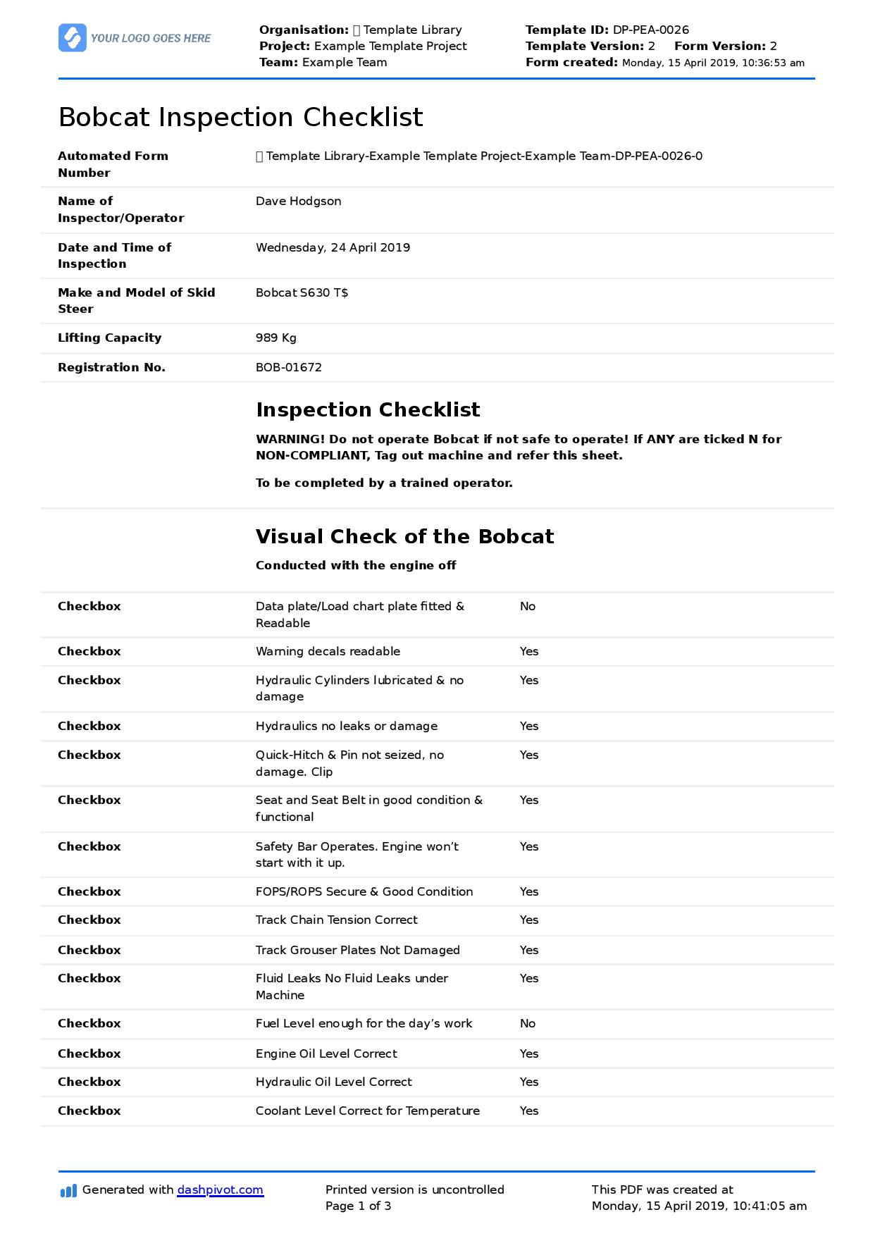 Free Bobcat Inspection Checklist (Daily or safety inspections) Pertaining To Daily Equipment Checklist Template In Daily Equipment Checklist Template