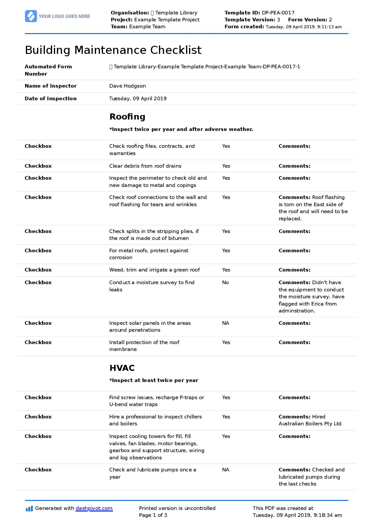 Free Building Maintenance Checklist (Better than PDF, excel, word) Throughout Maintenance Inspection Checklist Template With Maintenance Inspection Checklist Template