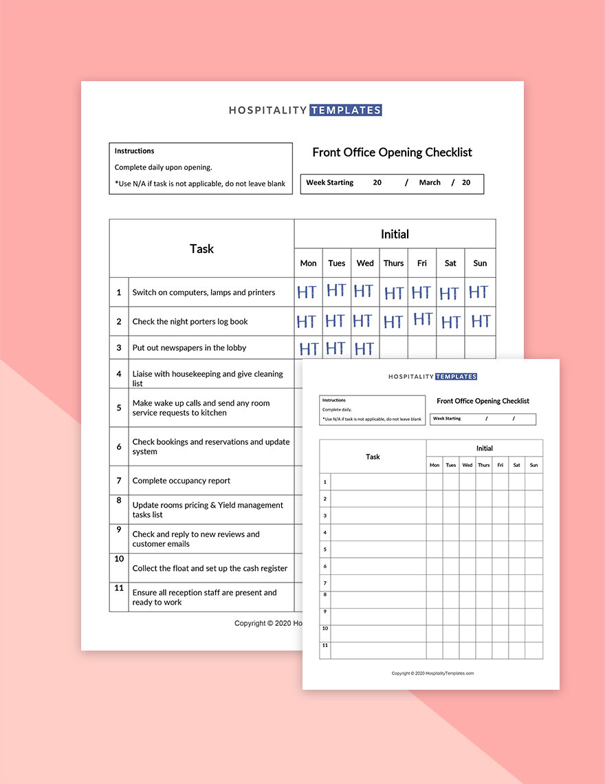 Free Hotel Front Office Checklist Template — Hospitality Templates Throughout Front Desk Checklist Template With Regard To Front Desk Checklist Template