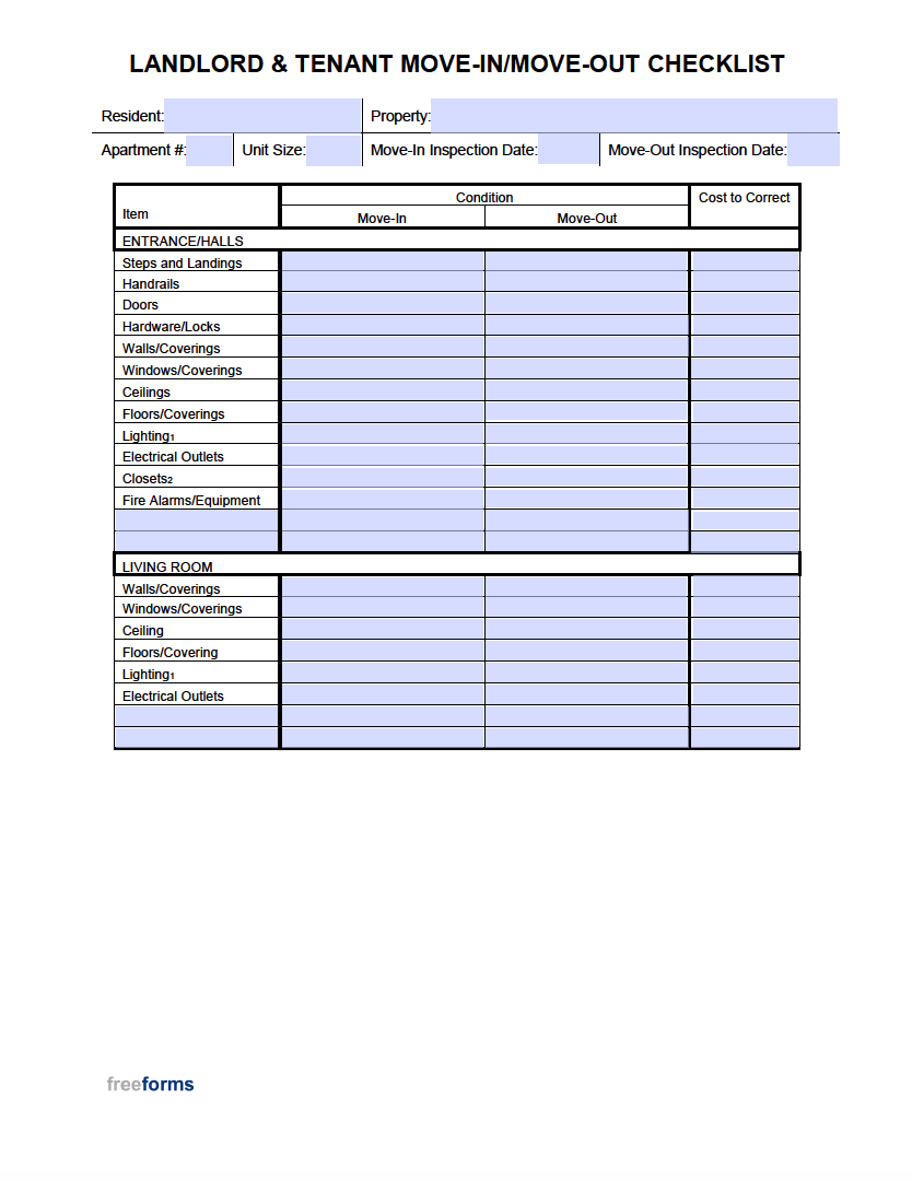 Free Move-In / Move-Out Checklist For Landlord & Tenant  PDF  WORD In Tenant Move In Checklist Template Inside Tenant Move In Checklist Template