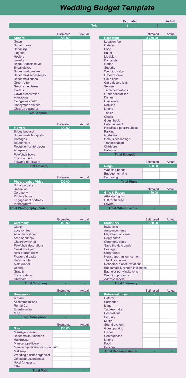 Free Wedding Budget Worksheets (11 Templates for Excel) Intended For Best Wedding Budget Template With Regard To Best Wedding Budget Template