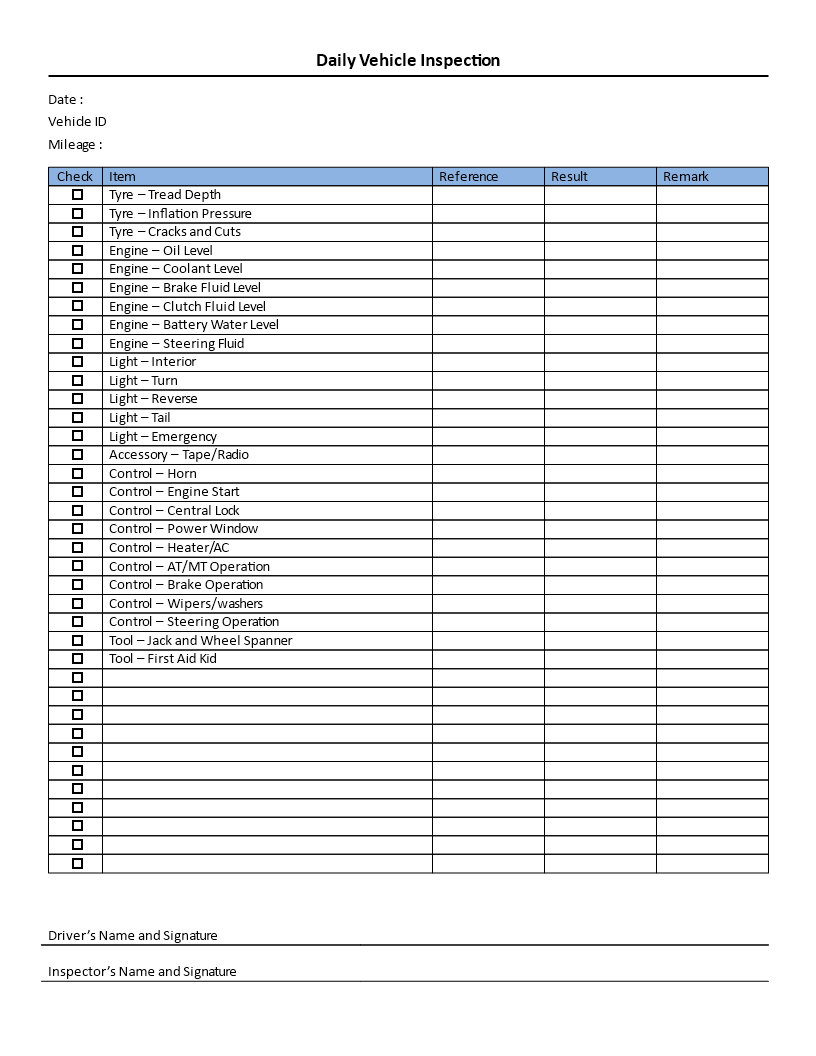 Gratis Daily Vehicle Inspection Checklist Pertaining To Maintenance Inspection Checklist Template For Maintenance Inspection Checklist Template