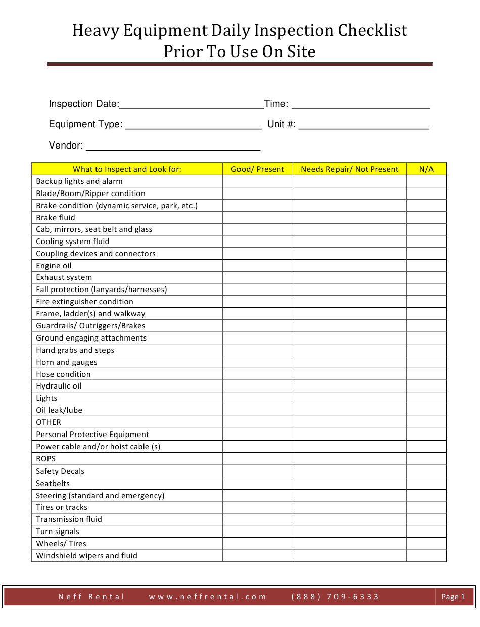 Heavy Equipment Daily Inspection Checklist Template Prior to Use  For Daily Equipment Checklist Template Pertaining To Daily Equipment Checklist Template