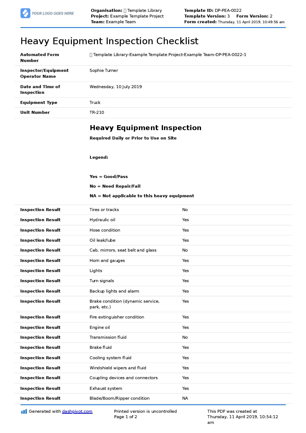 Heavy Equipment Inspection Checklist template (Free editable form) For Daily Equipment Checklist Template Within Daily Equipment Checklist Template