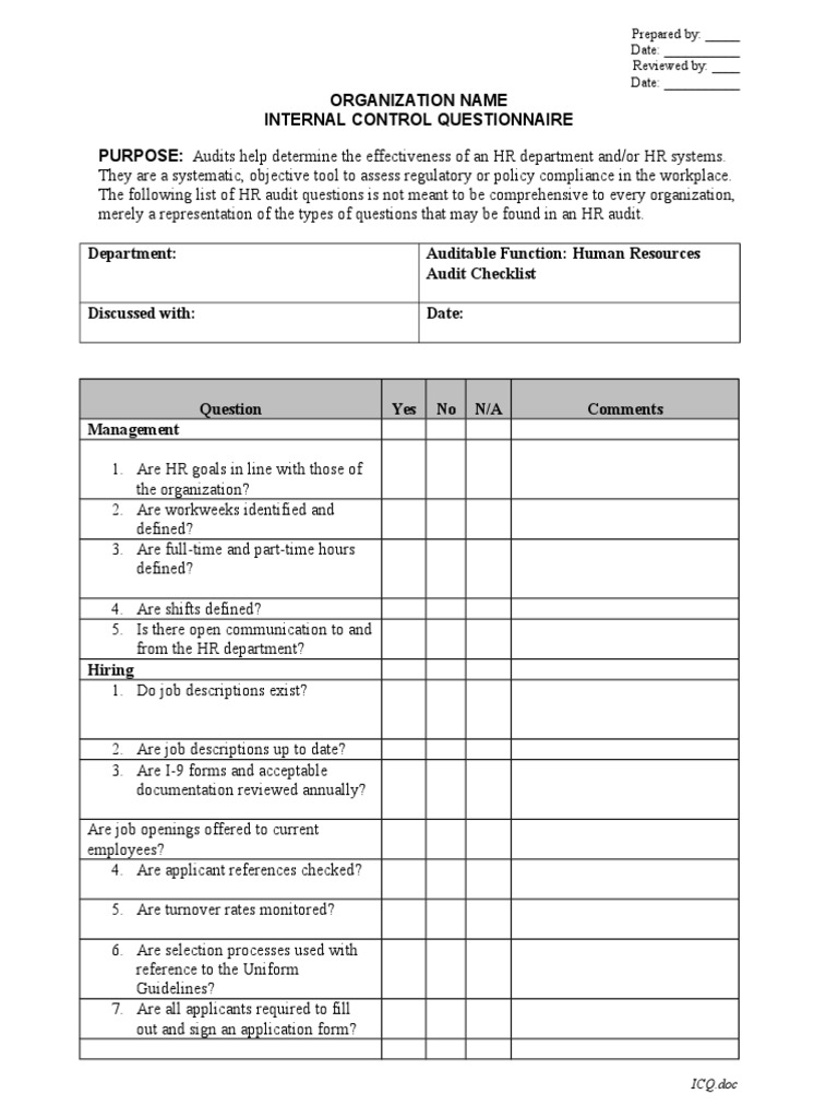 Human Resources Audit Checklist Internal Control Questionnaire  Throughout Internal Control Checklist Template Throughout Internal Control Checklist Template