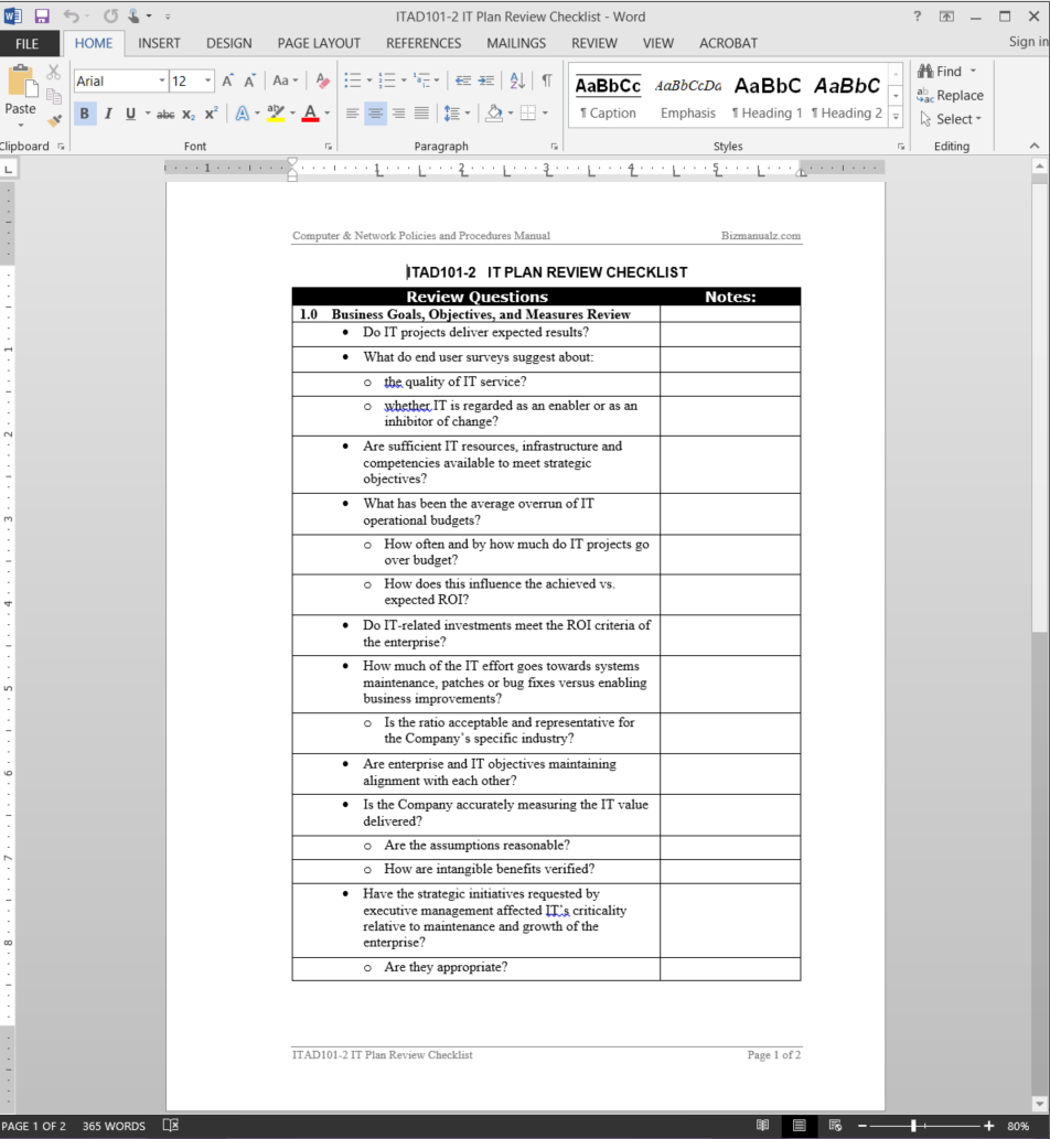 IT Plan Review Checklist Template  ITAD11-11 For Information Technology Audit Checklist Template Within Information Technology Audit Checklist Template