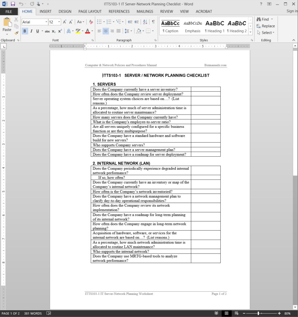 IT Server-Network Planning Checklist Template  ITTS1111-11 For Technical Checklist Template Within Technical Checklist Template