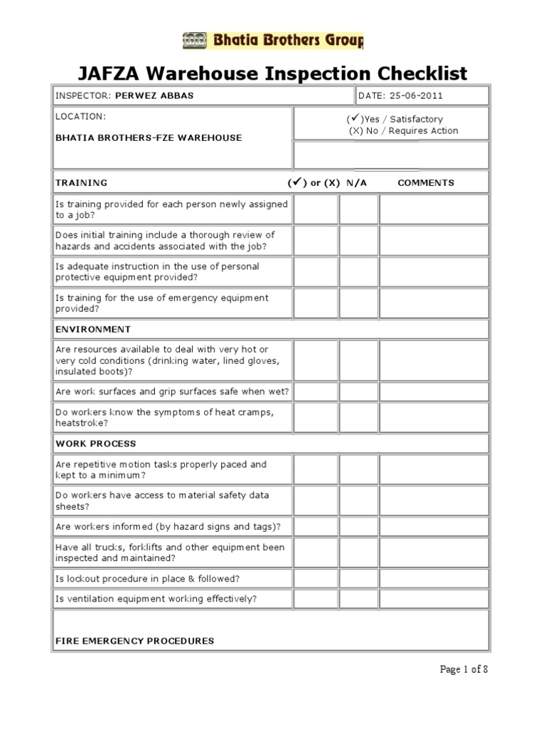 JAFZA Warehouse Inspection Checklists  Forklift  Warehouse With Warehouse Safety Inspection Checklist Template In Warehouse Safety Inspection Checklist Template