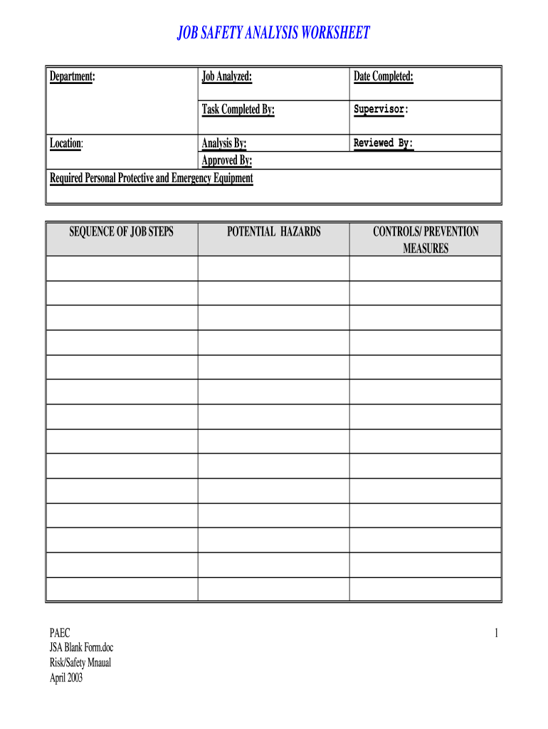 Jsa Form - Fill Online, Printable, Fillable, Blank  pdfFiller With Job Safety Analysis Worksheet Template With Job Safety Analysis Worksheet Template