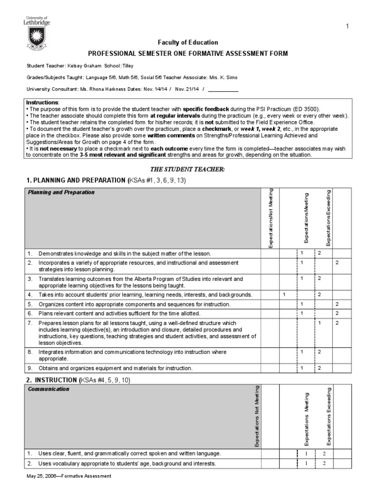 Kelsey Graham Ps I Formative Assessment Form 1111-1111  Educational  For Formative Assessment Checklist Template Throughout Formative Assessment Checklist Template