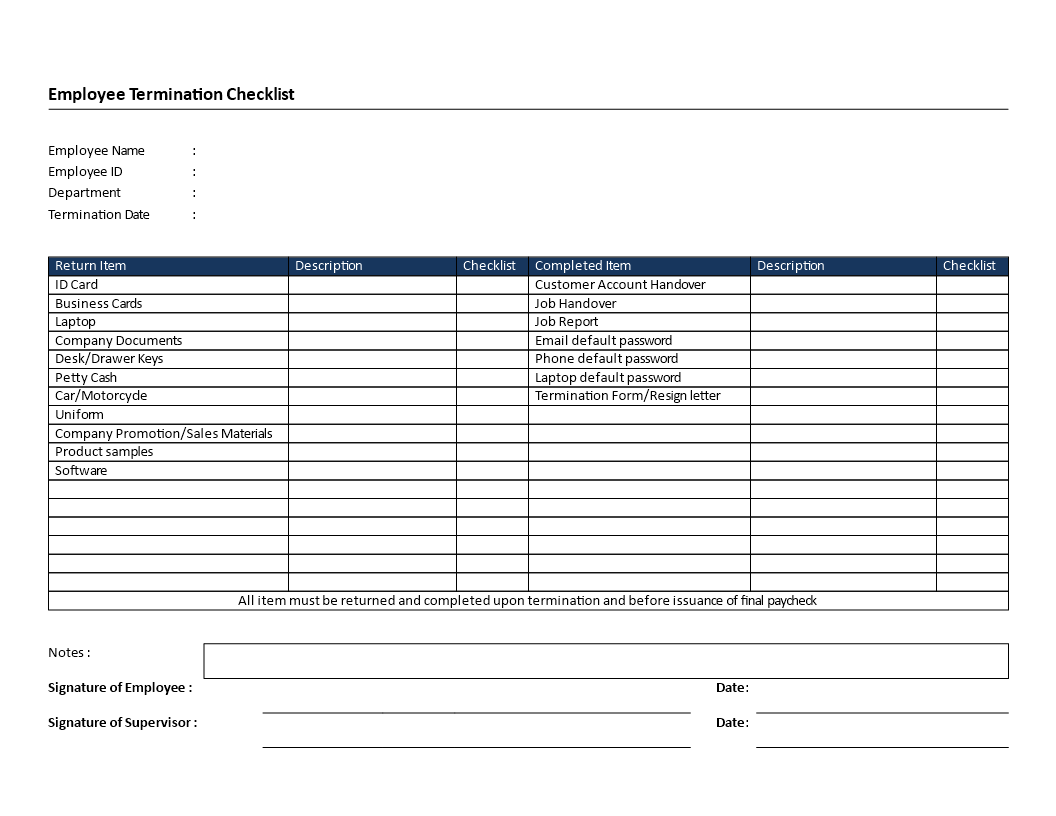 Kostenloses Employee Termination Checklist landscape formatted  Inside Uniform Checklist Template Pertaining To Uniform Checklist Template