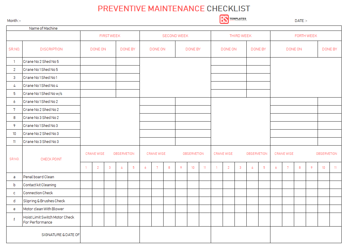 Maintenance Checklist Template - 11+ daily, weekly maintenance  For Maintenance Inspection Checklist Template Pertaining To Maintenance Inspection Checklist Template