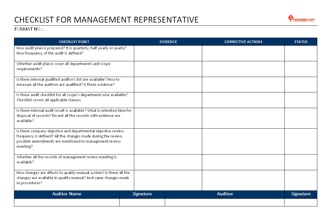 Management representative audit checklist - ISO 11 / ISO TS 11 Throughout Internal Controls Checklist Template Pertaining To Internal Controls Checklist Template