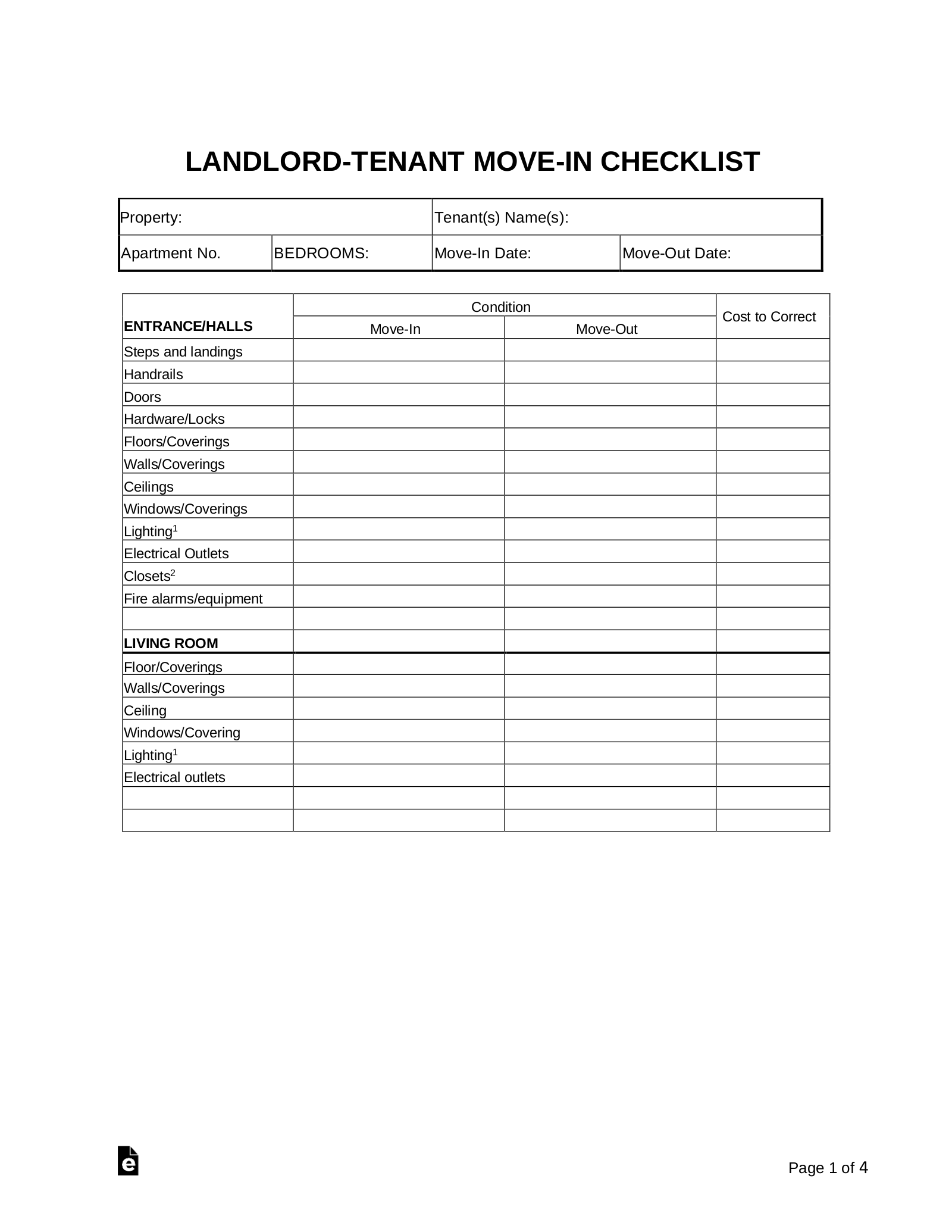 Move-in / Move-out Checklist  Landlord-Tenant – eForms Intended For Walk Thru Checklist Template Inside Walk Thru Checklist Template