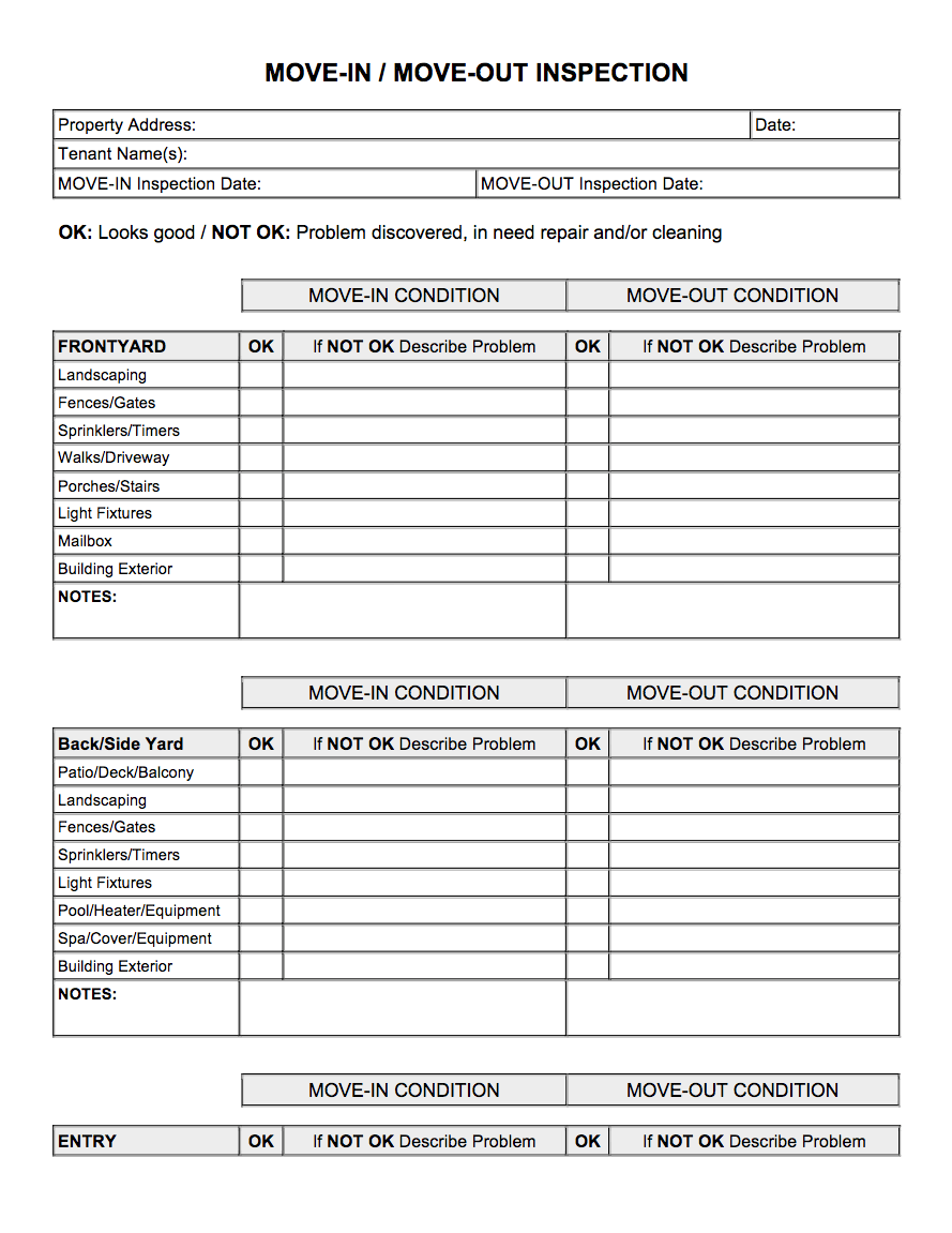 Move-In / Move-Out Inspection  Property Management Forms  Intended For Tenant Move In Checklist Template In Tenant Move In Checklist Template